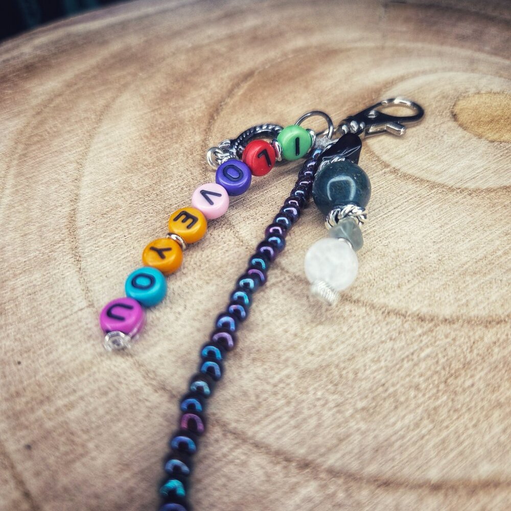 Fancy Jasper, Fluorite, Quartz Gemstone Beaded Keychain with I Love You Quote